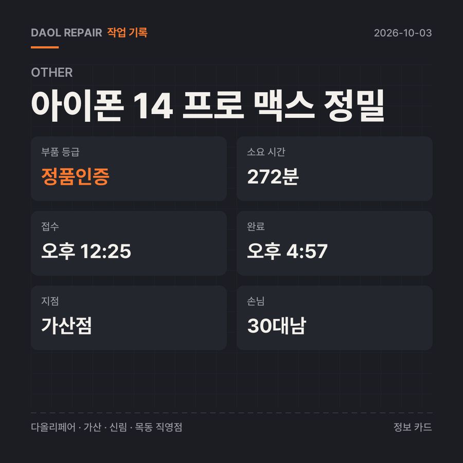 아이폰 14 프로 맥스 정밀 other 기록 카드 — 부품 등급·소요 시간·지점