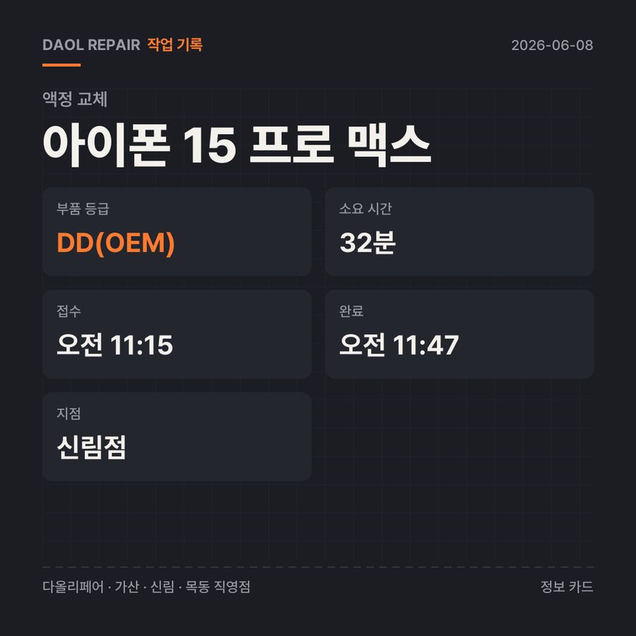 아이폰 15 프로 맥스 액정 교체 기록 카드 — 부품 등급·소요 시간·지점