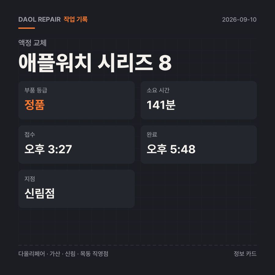 애플워치 시리즈 8 액정 교체 기록 카드 — 부품 등급·소요 시간·지점