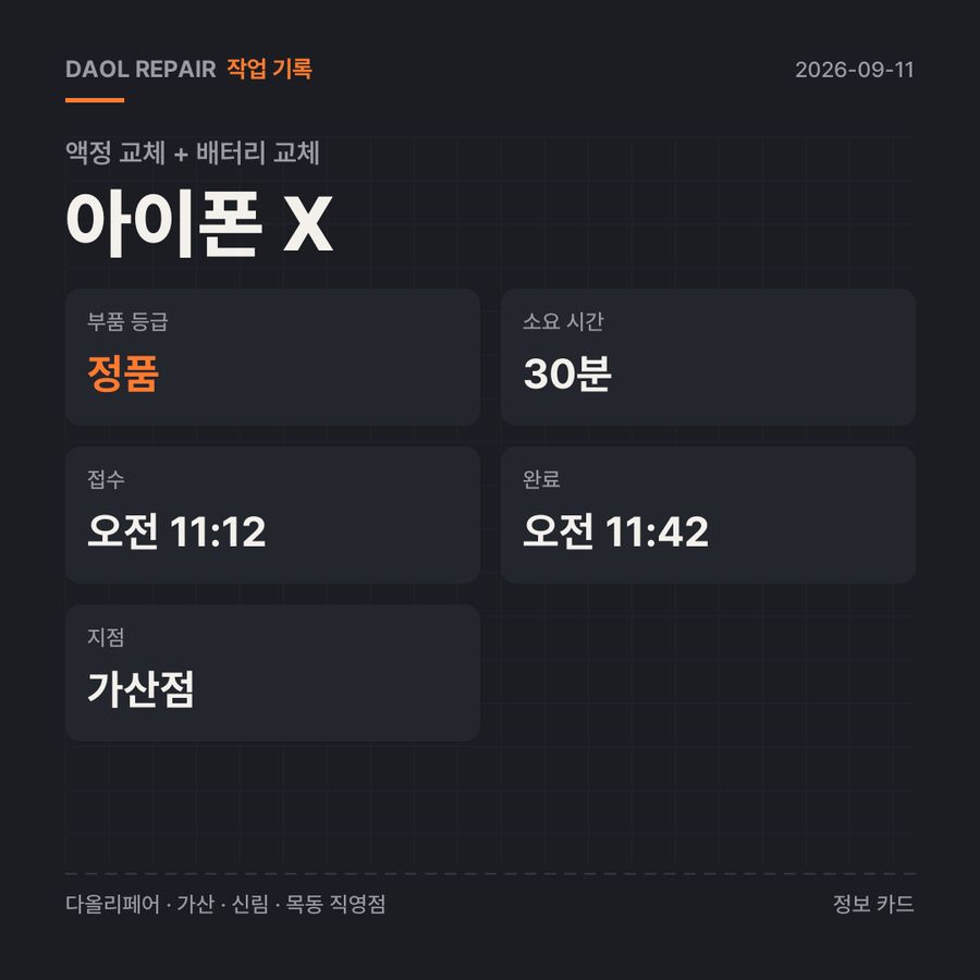아이폰 x 액정 교체 + 배터리 교체 기록 카드 — 부품 등급·소요 시간·지점