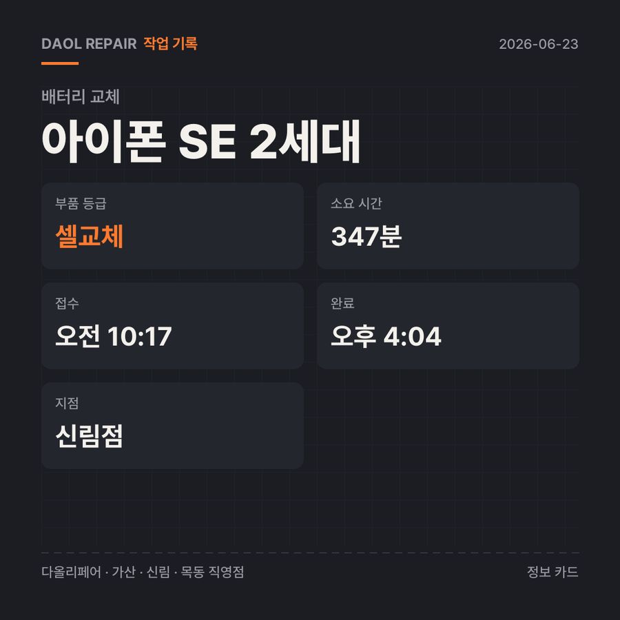 아이폰 SE 2세대 배터리 교체 기록 카드 — 부품 등급·소요 시간·지점