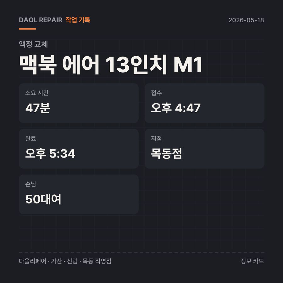 맥북 에어 13인치 M1 액정 교체 기록 카드 — 부품 등급·소요 시간·지점