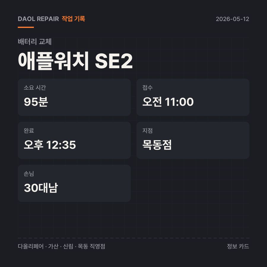 애플워치 SE2 배터리 교체 기록 카드 — 부품 등급·소요 시간·지점