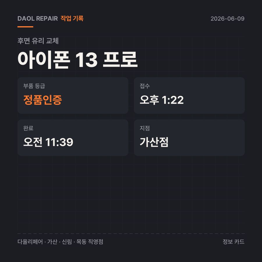 아이폰 13 프로 후면 유리 교체 기록 카드 — 부품 등급·소요 시간·지점