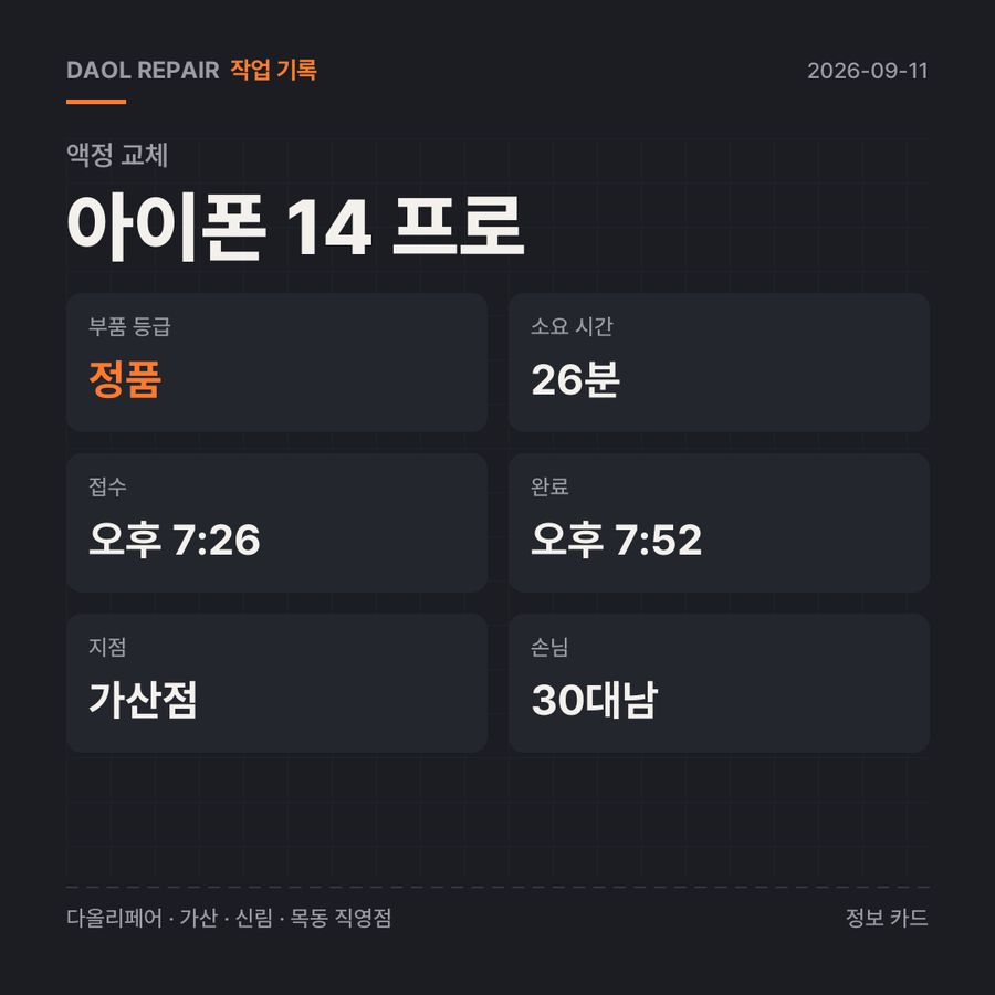 아이폰 14 프로 액정 교체 기록 카드 — 부품 등급·소요 시간·지점